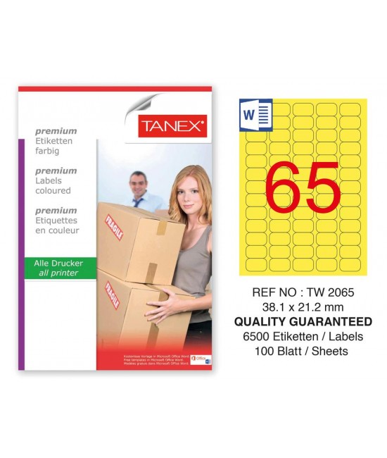 Tanex TW-2065 38,1x21,2mm Sarı Pastel Laser Etiket 100 Lü Paket