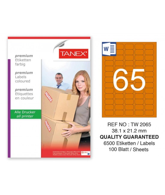 Tanex TW-2065 38,1x21,2mm Turuncu Pastel Laser Etiket 100 Lü