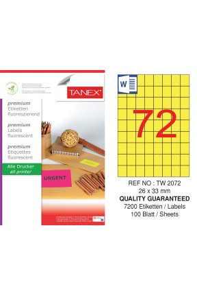 Tanex TW-2072 26,25x33 mm Sarı Floresan Laser Etiket 100 Lü 