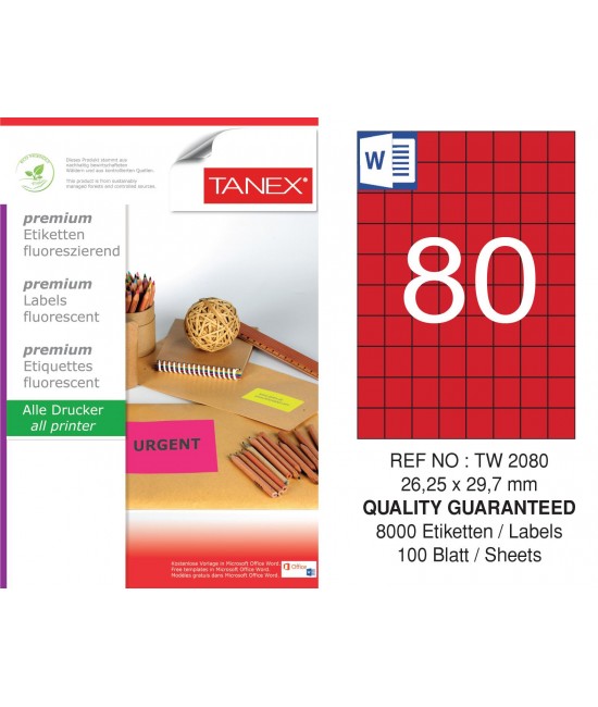 Tanex TW-2080 26,25x29,7 mm Kırmızı Floresan Laser Etiket 100 Lü