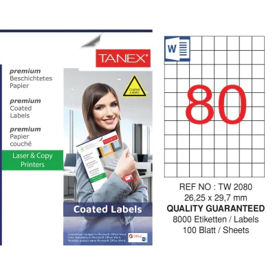 Tanex TW-2080 26.25x29.7mm Kuşe Laser Etiket 100 Lü Paket Tanex TW-2080 26.25x29.7mm Kuşe Laser Etiket 100 Lü Paket