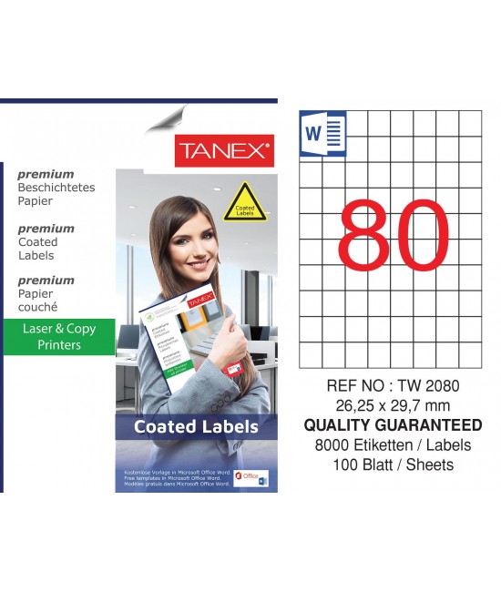Tanex TW-2080 26.25x29.7mm Kuşe Laser Etiket 100 Lü Paket