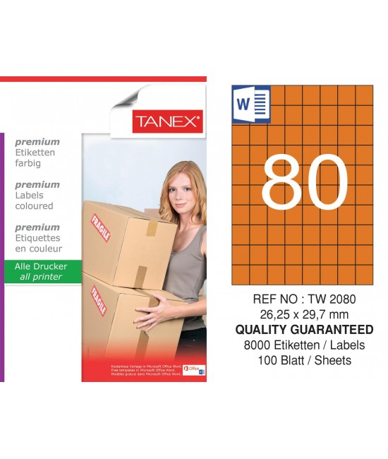 Tanex TW-2080 26,25x29,7mm Orange Pastel Laser Label 100 Pcs