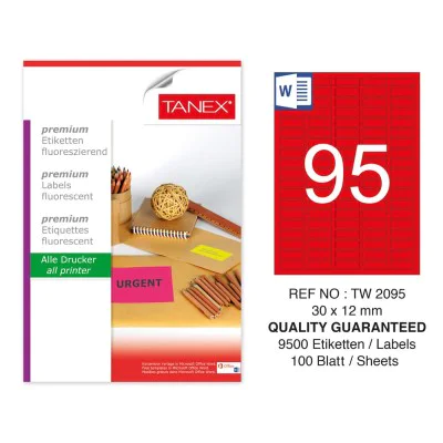 Tanex TW-2095 30x12 mm Kırmızı Floresan Laser Etiket 100 Lü