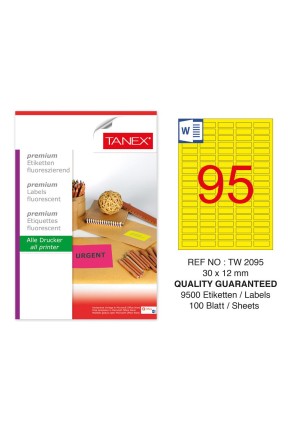 Tanex TW-2095 30x12mm Floresan Sarı Laser Etiket 100 Lü Paket