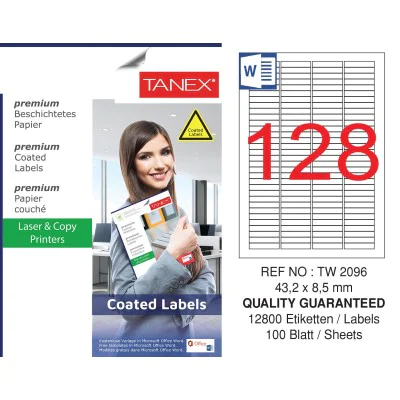 Tanex TW-2096 43.2x8.5mm Kuşe Laser Etiket 100 Lü Paket Tanex TW-2096 43.2x8.5mm Kuşe Laser Etiket 100 Lü Paket