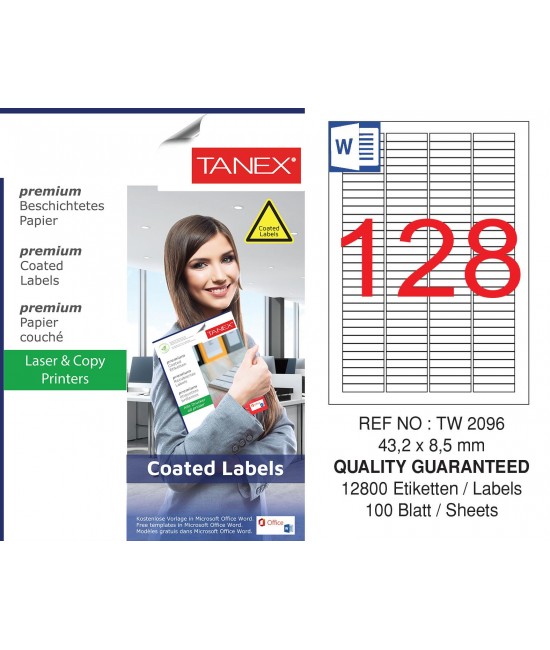 Tanex TW-2096 43.2x8.5mm Kuşe Laser Etiket 100 Lü Paket