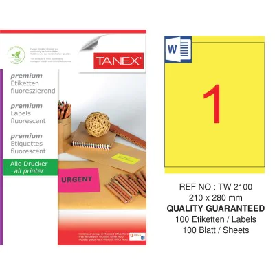 Tanex TW-2100 210x280 mm Sarı Floresan Laser Etiket 100 Lü