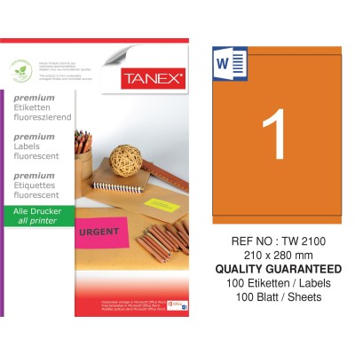 Tanex TW-2100 210x280 mm Turuncu Floresan Laser Etiket 100 Lü Tanex TW-2100 210x280 mm Turuncu Floresan Laser Etiket 100 Lü