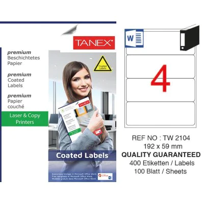 Tanex TW-2104 192x59mm Kuşe Laser Etiket 100 Lü Paket Tanex TW-2104 192x59mm Kuşe Laser Etiket 100 Lü Paket