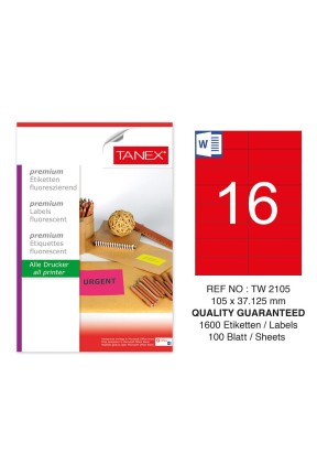 Tanex TW-2105 105x37,125 mm Kırmızı Floresan Laser Etiket 100 Lü 