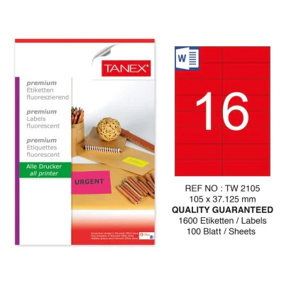 Tanex TW-2105 105x37,125 mm Kırmızı Floresan Laser Etiket 100 Lü