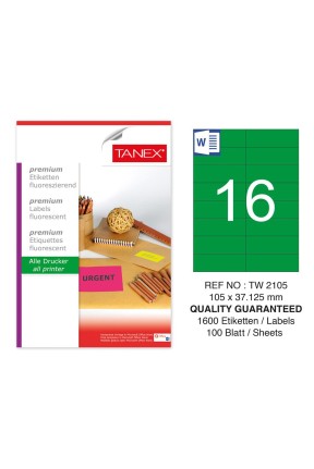 Tanex TW-2105 105x37,125 mm Yeşil Floresan Laser Etiket 100 Lü 