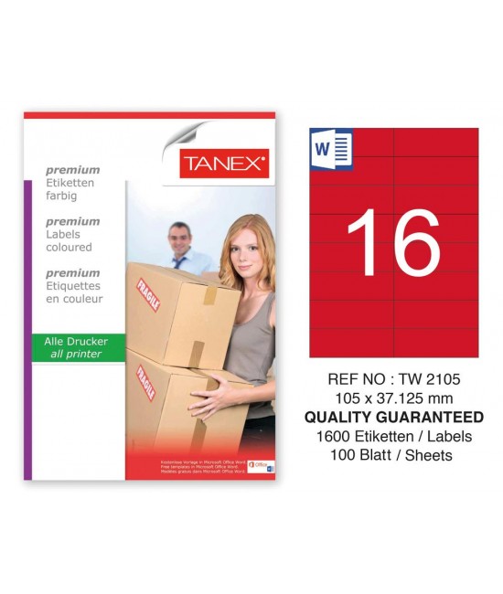Tanex TW-2105 105x37,125mm Kırmızı Pastel Laser Etiket 100 Lü