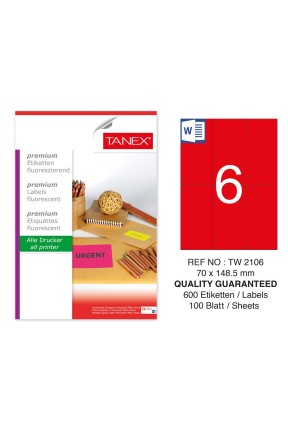 Tanex TW-2106 70x148,5 mm Kırmızı Floresan Laser Etiket 100 Lü 