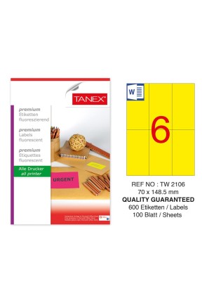Tanex TW-2106 70x148,5 mm Sarı Floresan Laser Etiket 100 Lü 
