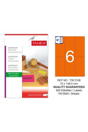 Tanex TW-2106 70x148,5 mm Turuncu Floresan Laser Etiket 100 Lü 