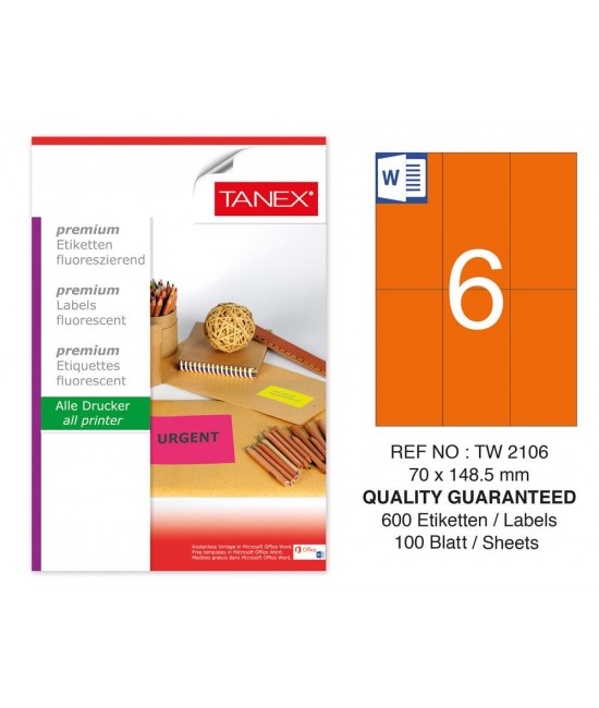 Tanex TW-2106 70x148.5 mm Orange Fluorescent Laser Label 100 Pcs