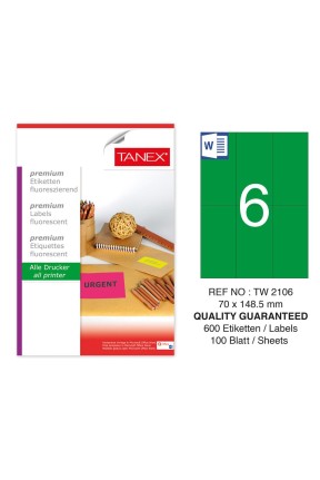 Tanex TW-2106 70x148,5 mm Yeşil Floresan Laser Etiket 100 Lü 