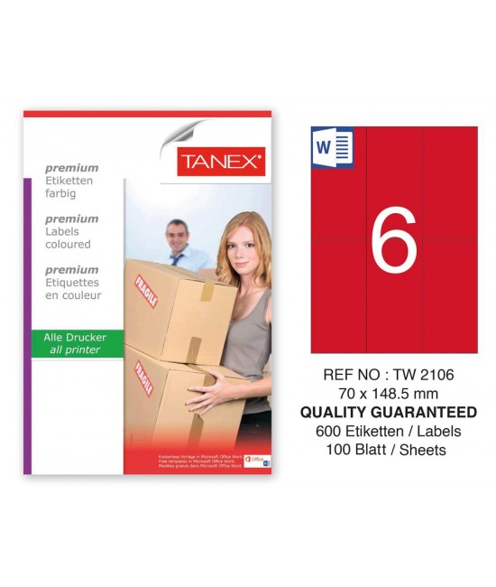 Tanex TW-2106 70x148,5mm Kırmızı Pastel Laser Etiket 100 Lü