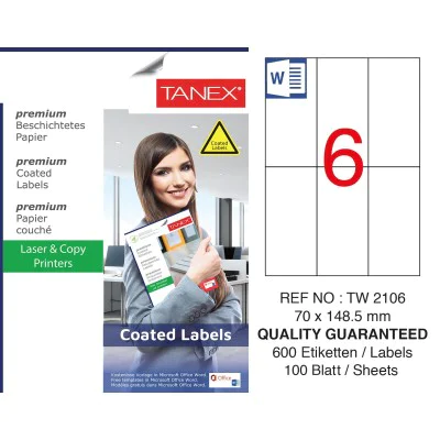 Tanex TW-2106 70x148.5mm Kuşe Laser Etiket 100 Lü Paket Tanex TW-2106 70x148.5mm Kuşe Laser Etiket 100 Lü Paket