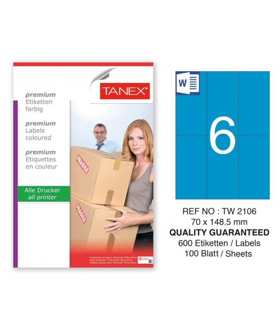 Tanex TW-2106 70x148,5mm Mavi Pastel Laser Etiket 100 Lü