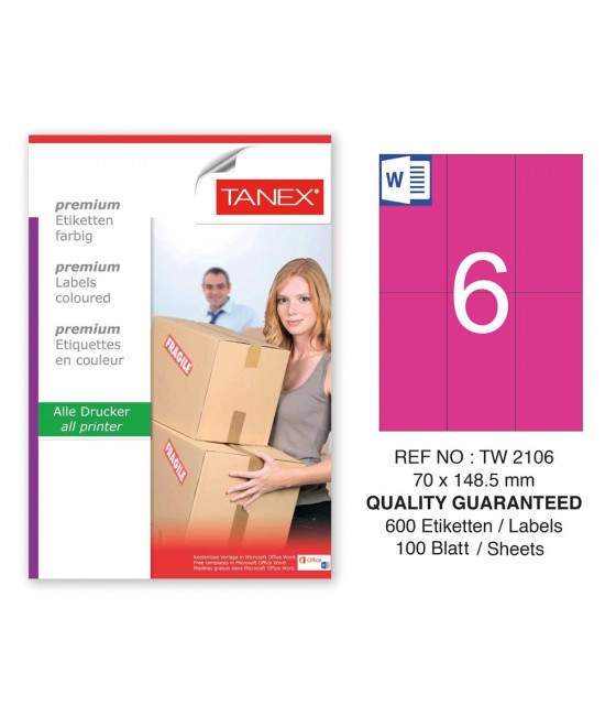 Tanex TW-2106 70x148.5mm Pembe Pastel Laser Etiket 100 Lü 