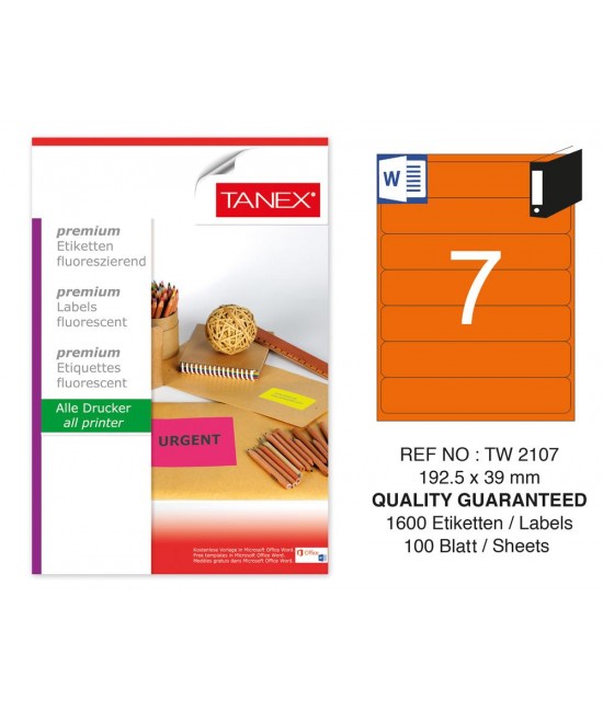 Tanex TW-2107 192,5x39 mm Orange Fluorescent Laser Label 100 Pcs