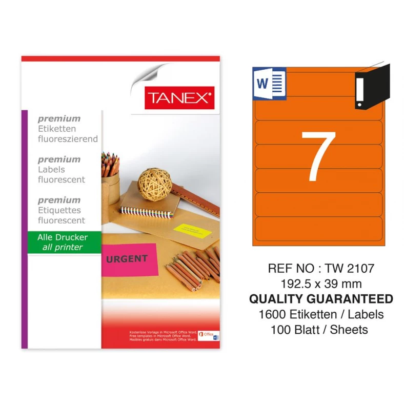 Tanex TW-2107 192,5x39 mm Turuncu Floresan Laser Etiket 100 Lü