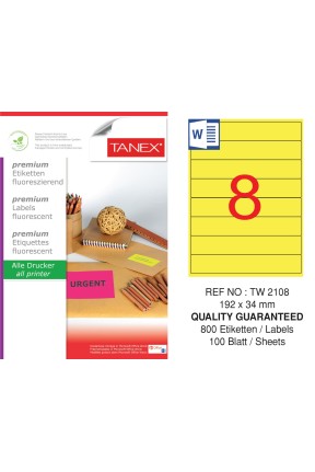 Tanex TW-2108 192x34 mm Sarı Floresan Laser Etiket 100 Lü Tanex TW-2108 192x34 mm Sarı Floresan Laser Etiket 100 Lü