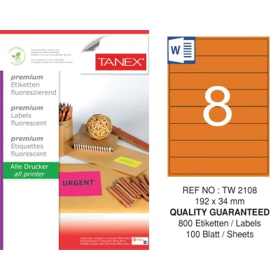 Tanex TW-2108 192x34 mm Turuncu Floresan Laser Etiket 100 Lü