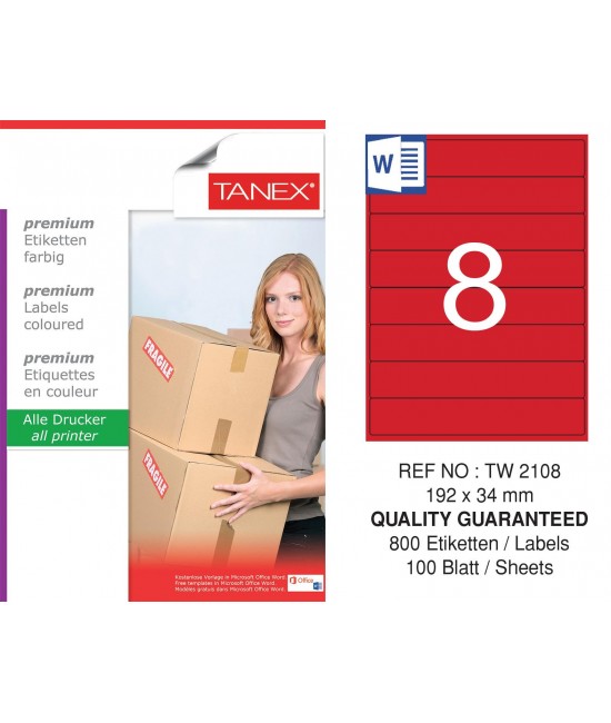 Tanex TW-2108 192x34mm Red Pastel Laser Label 100 Pcs