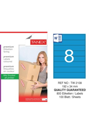 Tanex TW-2108 192x34mm Mavi Pastel Laser Etiket 100 Lü Tanex TW-2108 192x34mm Mavi Pastel Laser Etiket 100 Lü