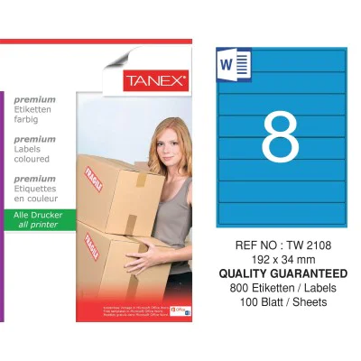 Tanex TW-2108 192x34mm Mavi Pastel Laser Etiket 100 Lü