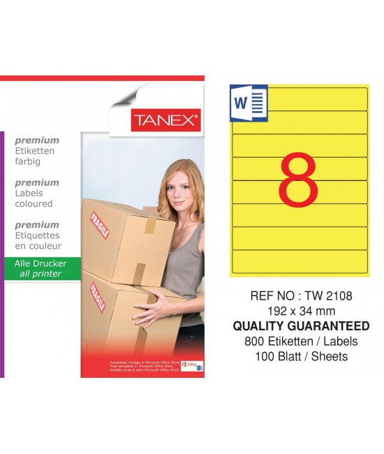 Tanex TW-2108 192x34mm Yellow Pastel Laser Label Pack of 100