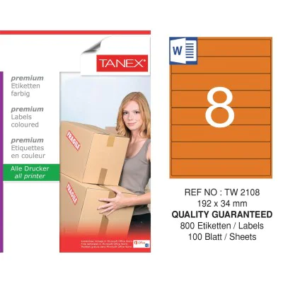 Tanex TW-2108 192x34mm Turuncu Pastel Laser Etiket 100 Lü