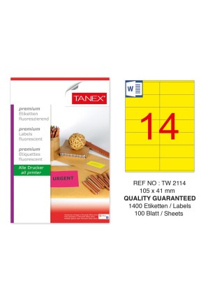Tanex TW-2114 105x41 mm Sarı Floresan Laser Etiket 100 Lü 