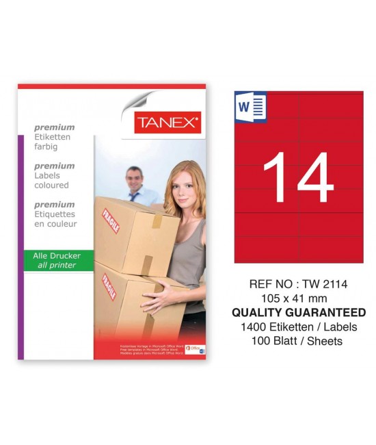 Tanex TW-2114 105x41mm Kırmızı Pastel Laser Etiket 100 Lü 