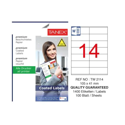 Tanex TW-2114 105x41mm Kuşe Laser Etiket 100 Lü Paket Tanex TW-2114 105x41mm Kuşe Laser Etiket 100 Lü Paket