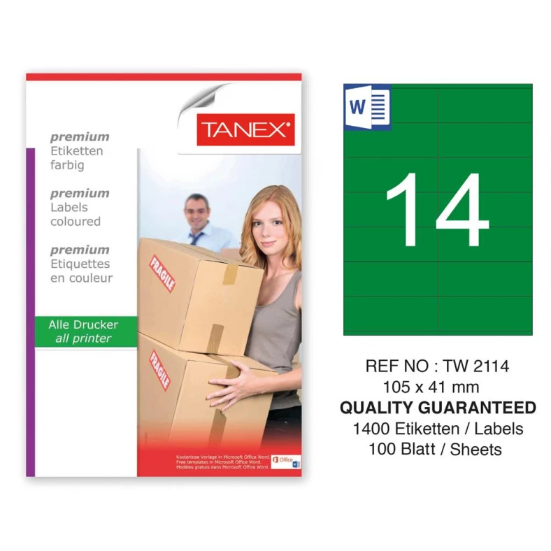 Tanex TW-2114 105x41mm Yeşil Pastel Laser Etiket 100 Lü