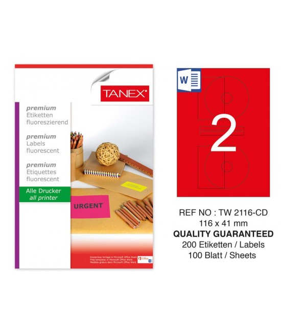 Tanex TW-2116 116x41 mm Red Fluorescent Laser Label 100 Pcs