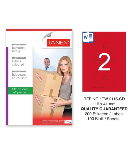 Tanex TW-2116 116x41mm Kırmızı Pastel Laser Etiket 100 Lü 