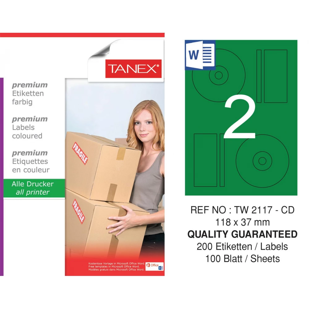 Tanex TW-2117 118x37mm Yeşil Pastel Laser Etiket 100 Lü