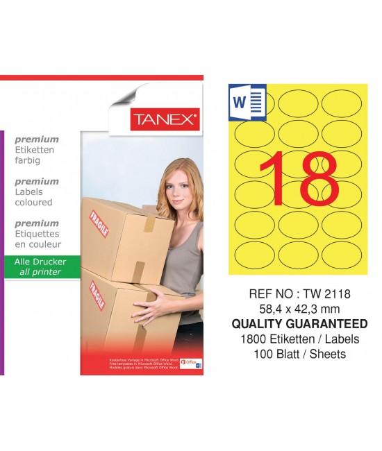 Tanex TW-2118 58,4x42.3mm Yellow Pastel Laser Label 100 Pack