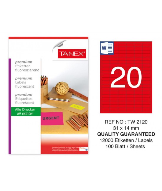 Tanex TW-2120 31x14 mm Red Fluorescent Laser Label 100 Pcs