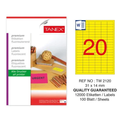 Tanex TW-2120 31x14 mm Sarı Floresan Laser Etiket 100 Lü