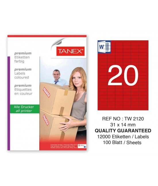 Tanex TW-2120 31x14mm Kırmızı Pastel Laser Etiket 100 Lü 