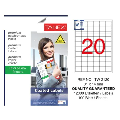 Tanex TW-2120 31x14mm Kuşe Laser Etiket 100 Lü Paket Tanex TW-2120 31x14mm Kuşe Laser Etiket 100 Lü Paket
