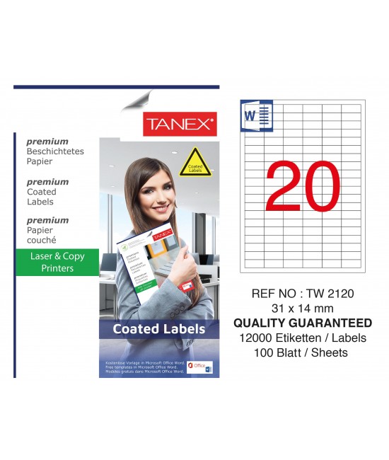 Tanex TW-2120 31x14mm Kuşe Laser Etiket 100 Lü Paket