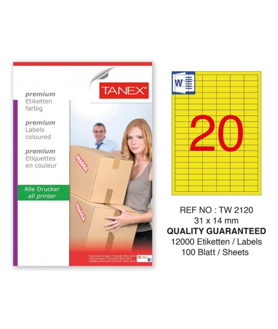 Tanex TW-2120 31x14mm Sarı Pastel Laser Etiket 100 Lü Paket